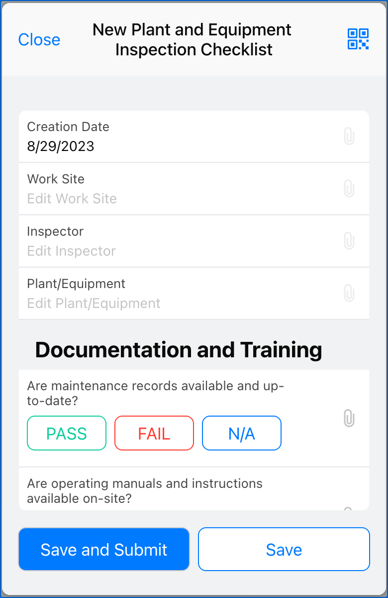 Image of a Plant and Equipment Inspection Checklist form